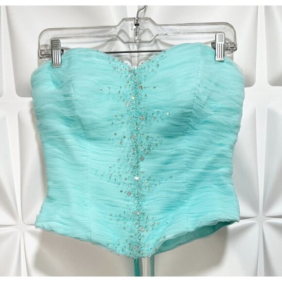 Alfred Angelo Sz 10 Aqua Blue Tulle Two Piece Formal Gown Skirt Corset Strapless - Picture 10 of 16